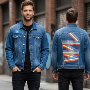 Rainbow Gay Pride Love Jean Denim Jacket Unisex Size 2XL Blue Cottn Stretch LGBT